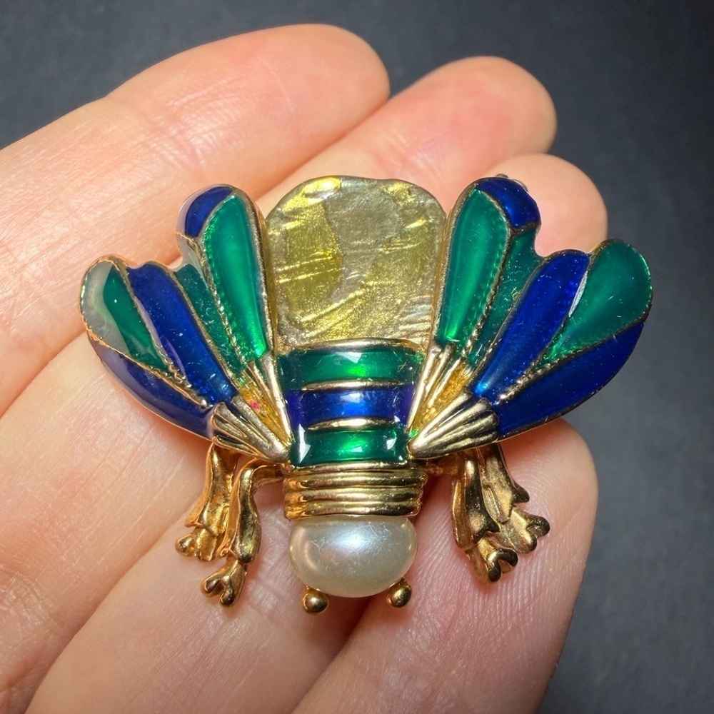 Vintage Blue Green Enamel Bee Fly Insect Brooch Pin